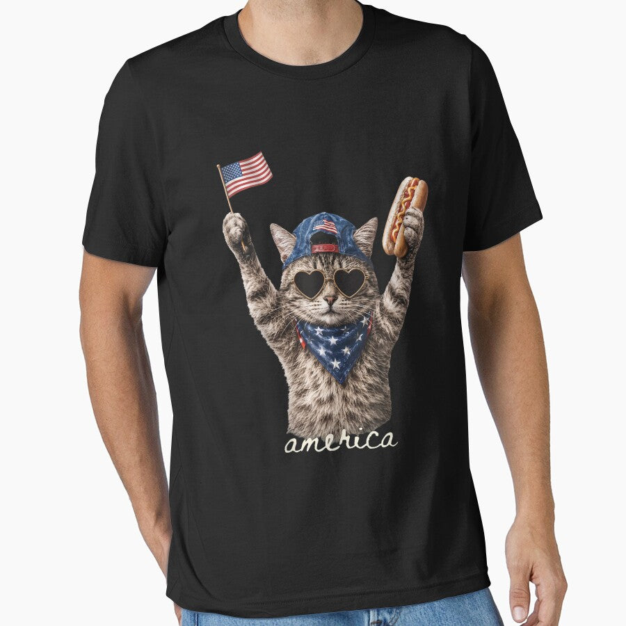 Retro America Cat Hot Dog Lovers Patriotic US Flag by studiopekepeke