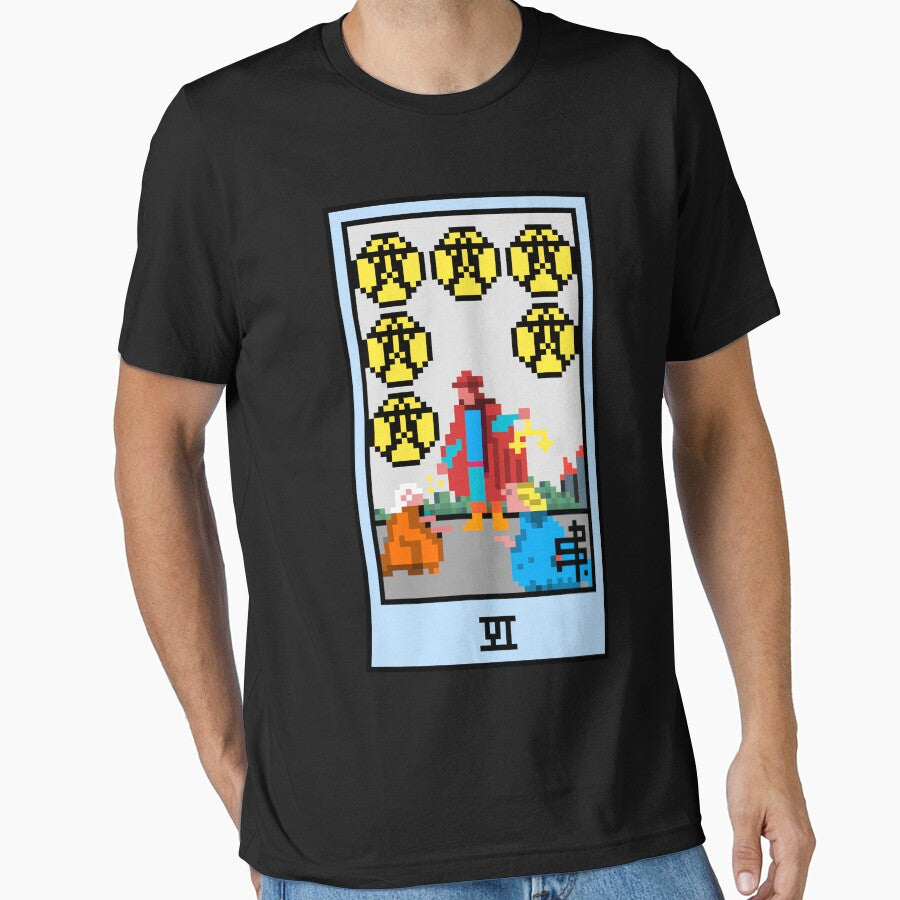 Copy of Wait, is this pixel art tarot? Black - Minor Arcana 'Six of Pentacles' (Design for T-shirt, stickers... (Image 1)