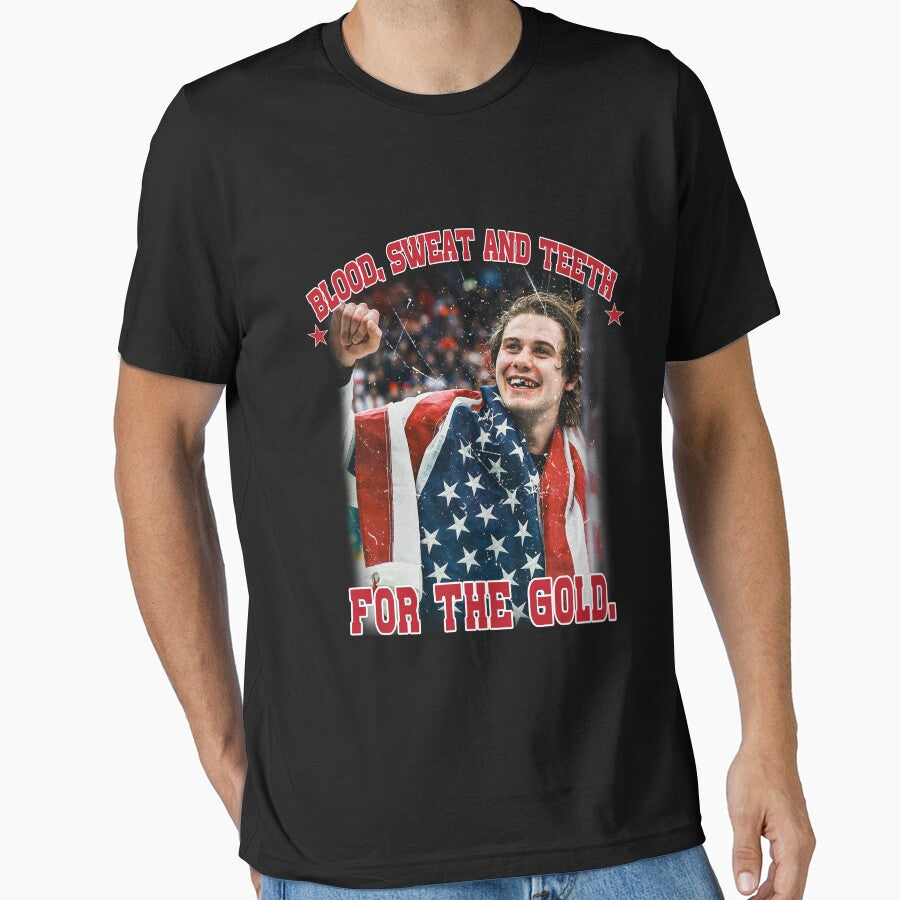 Jack Hughes , Blood Sweat and Teeth for the Gold USA Hockey by ClarenceGarza T-Shirts, Hoodie, Sweatshirt (Image 1)