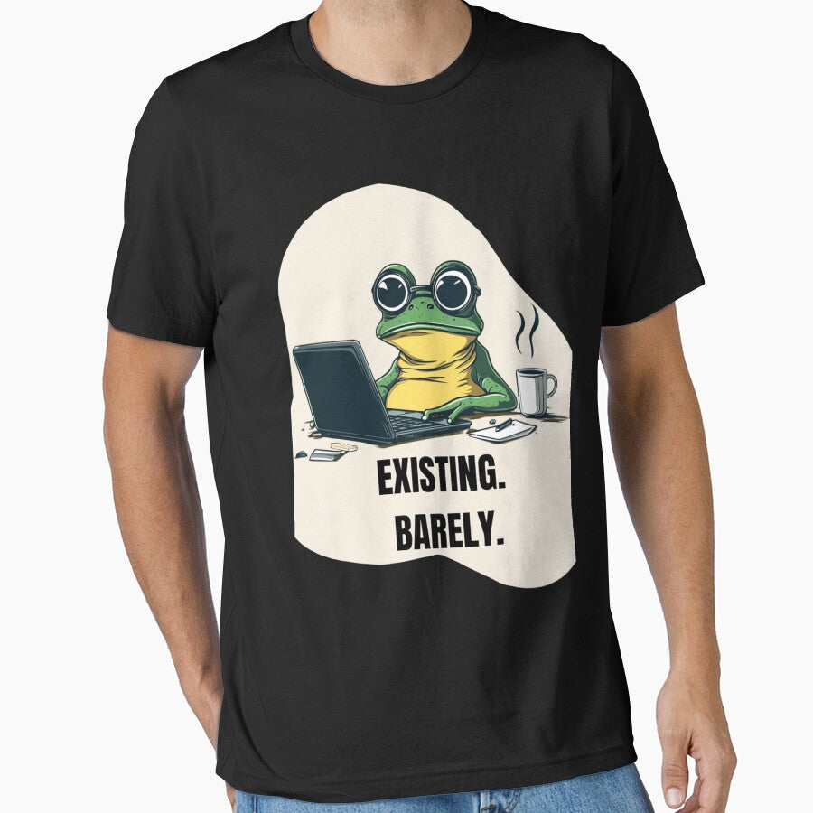 Existing Barely Frog Meme – Relatable Office Burnout Funny Cartoon by MiraLumeStudio T-Shirts, Hoodie, Sweatshirt (Image 1)