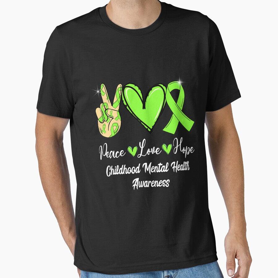 Childhood Mental Health Peace Love Hope Lime Green Ribbon by GovindMahajan T-Shirts, Hoodie, Sweatshirt (Image 1)