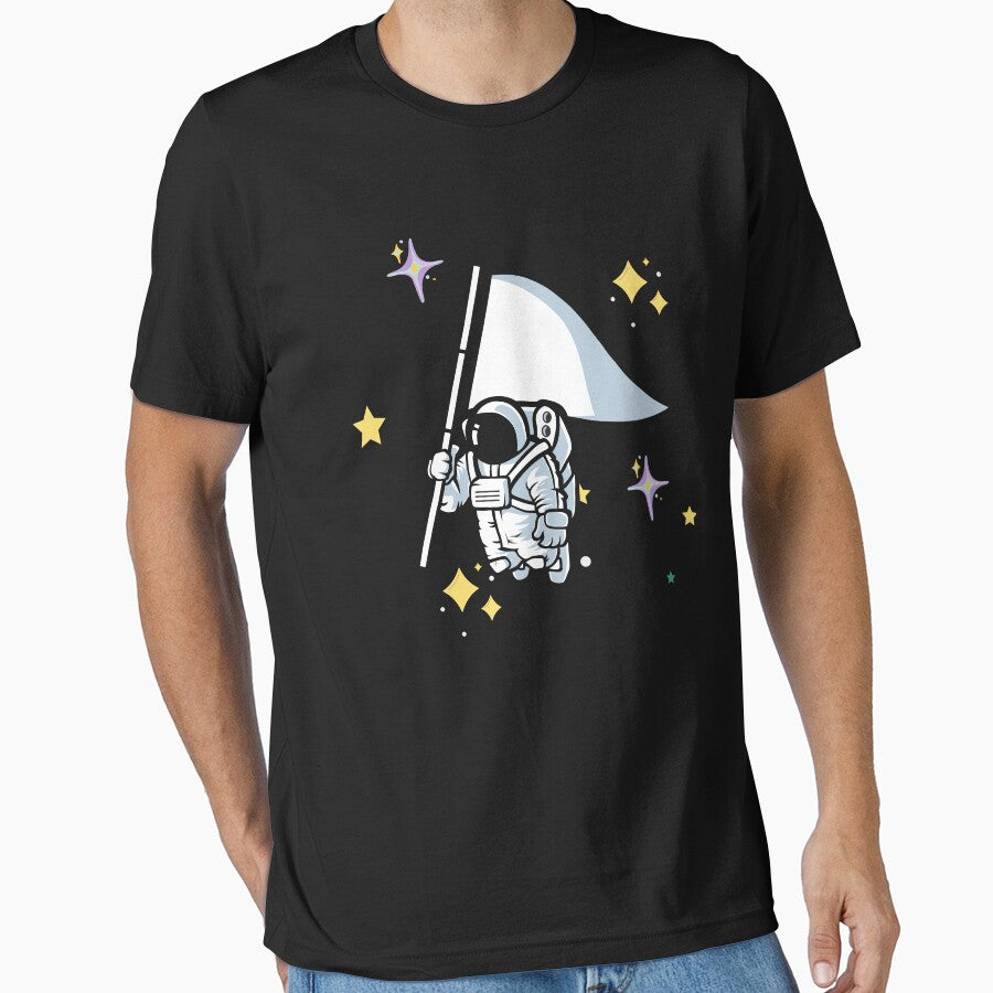 Cute Astronaut Holding Flag – Space Explorer Cartoon Illustration by ConfuseLab Alt T-Shirts, Hoodie, Sweatshirt (Image 1)