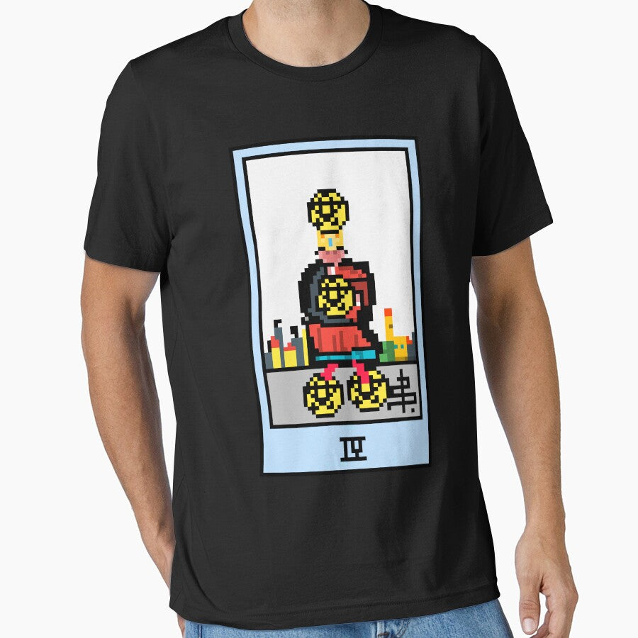 Wait, is this pixel art tarot? Black - Minor Arcana 'Four of Pentacles' (Design for T-shirt, stickers and other... (Image 1)