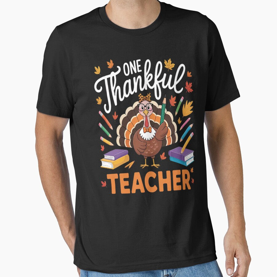 One Thankful Teacher Thanksgiving Turkey Cute Crayon Pencil by TeamLequid T-Shirts, Hoodie, Sweatshirt (Image 1)