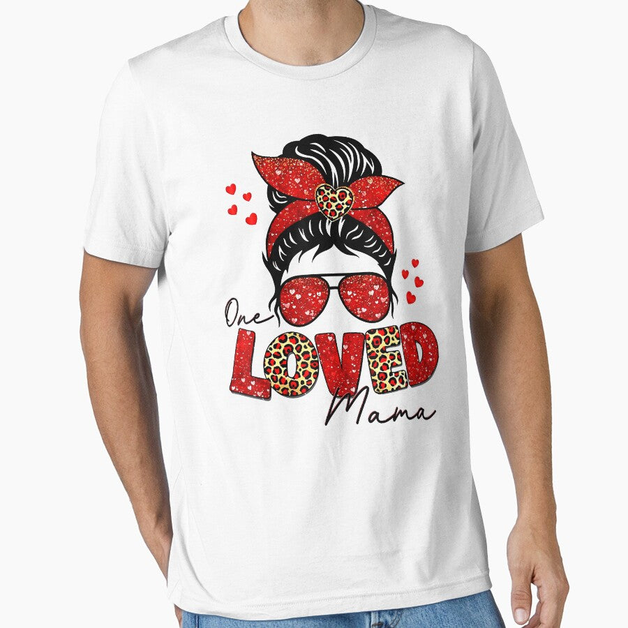 Cute Messy Bun Leopard Plaid Valentines Day One Loved Mama by AaronWeedo T-Shirts, Hoodie, Sweatshirt (Image 1)