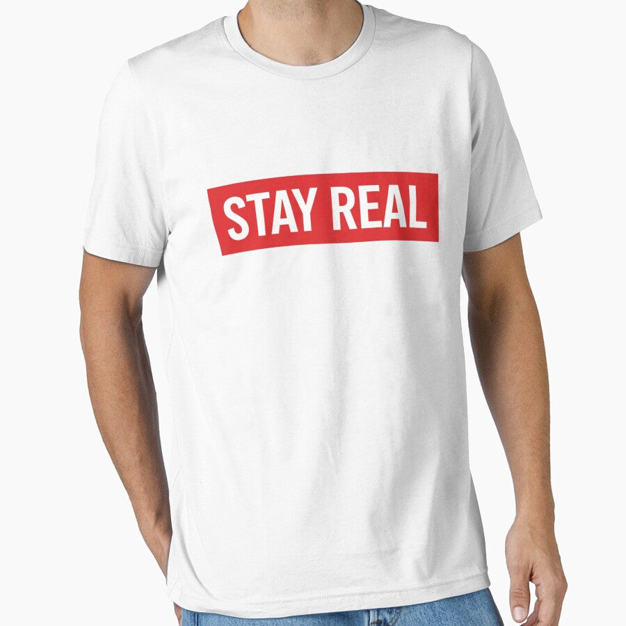 STAY REAL Box Logo Streetwear Design – Minimal Hypebeast Typography by Happyfreedom T-Shirts, Hoodie, Sweatshirt (Image 1)