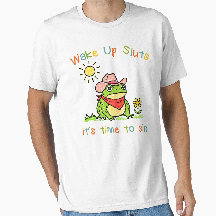 Wake up it's time to sin, funny cowboy frog meme by CARBONARA LLC. T-Shirts, Hoodie, Sweatshirt | BlankRebels.com (Image 1)