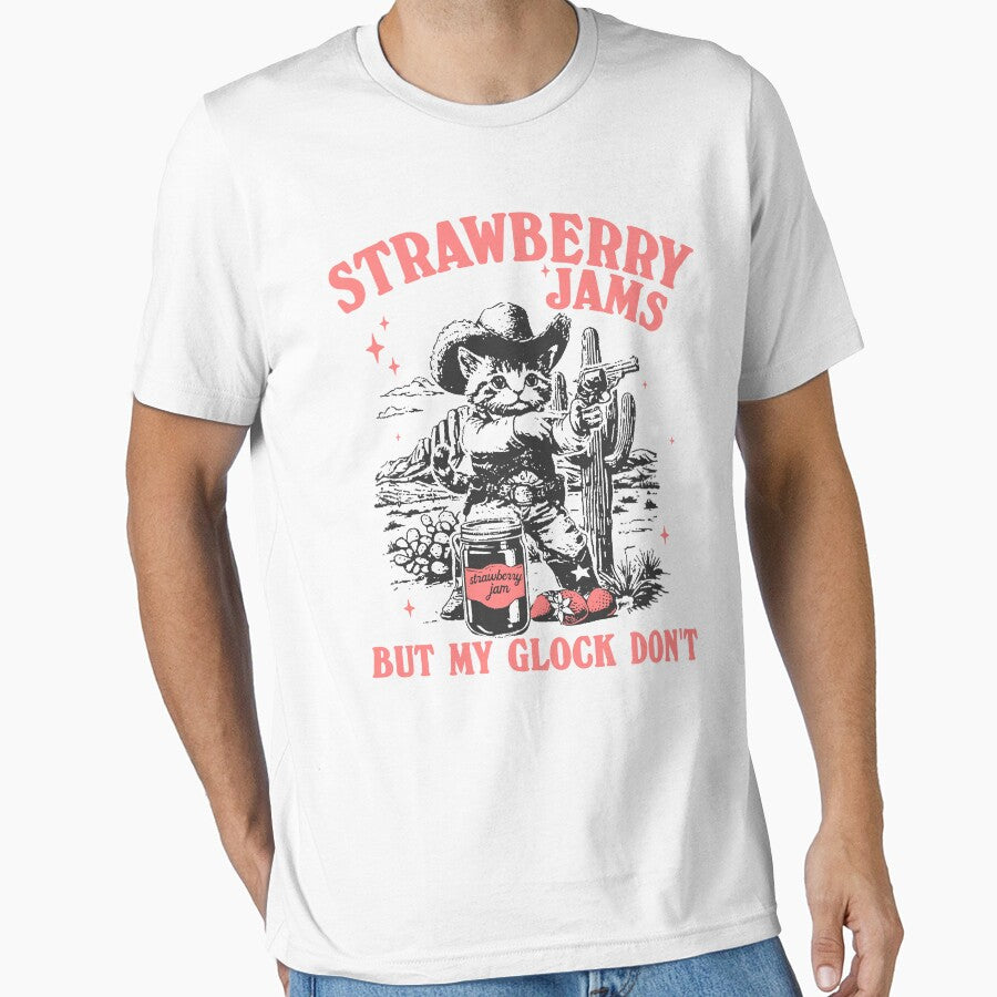 Strawberry Jams But My Glock Don't Vintage Style Shirt, Funny Cat Cowboy Meme Shirt, Vintage 90s Meme Shirt, Strawberry by Rosqzz