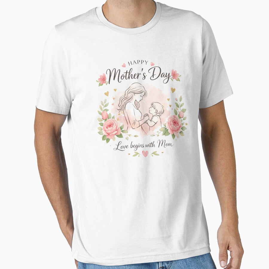 Happy Mother’s Day Floral Art Print – Mother and Child Line Drawing, Love Begins with Mom, Elegant Mother’s Day... (Image 1)