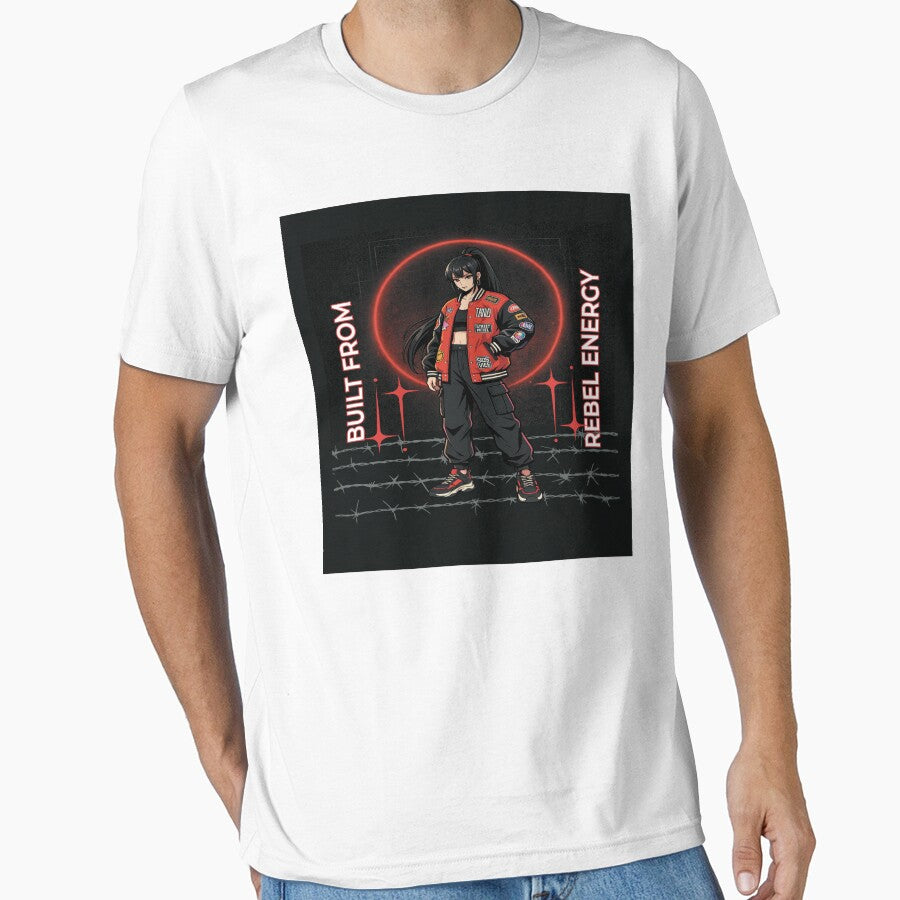 Built From Rebel Energy Anime Streetwear Girl Graphic T-Shirt – Urban Red Aesthetic Punk Style by designreach... (Image 1)