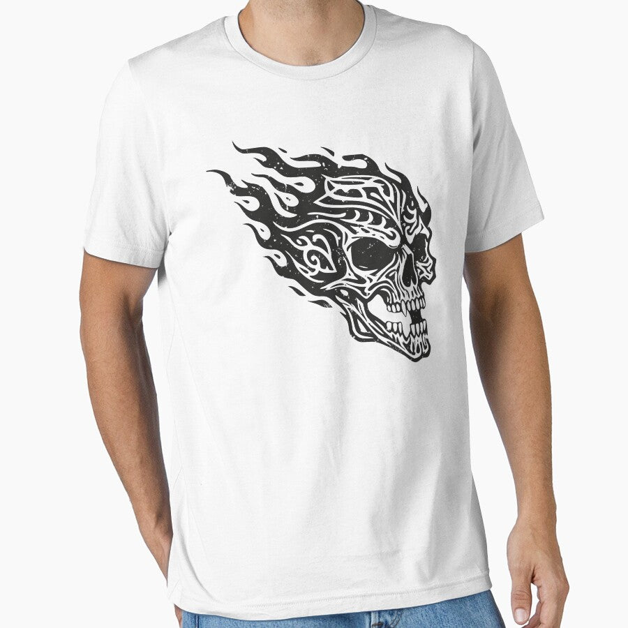 Flaming Skull Tattoo Art Design Black 3/4 by Skulls & Calaveras T-Shirts, Hoodie, Sweatshirt | BlankRebels.com (Image 1)