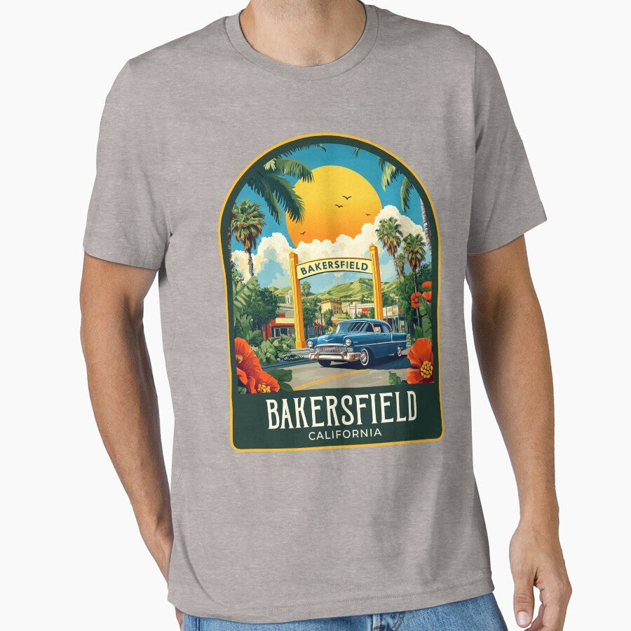 Bakersfield Vintage Travel Illustration by HomeLivingCo T-Shirts, Hoodie, Sweatshirt | BlankRebels.com (Image 1)