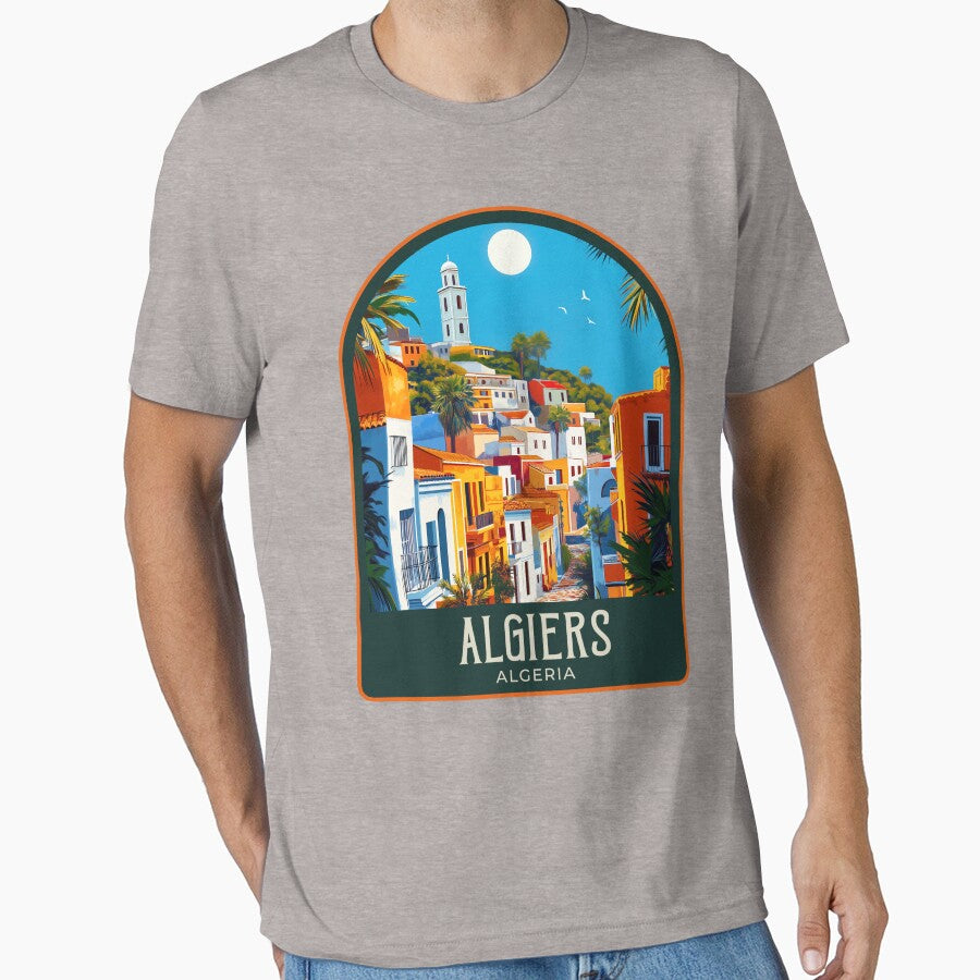 Algiers Vintage Travel Illustration by HomeLivingCo T-Shirts, Hoodie, Sweatshirt | BlankRebels.com (Image 1)