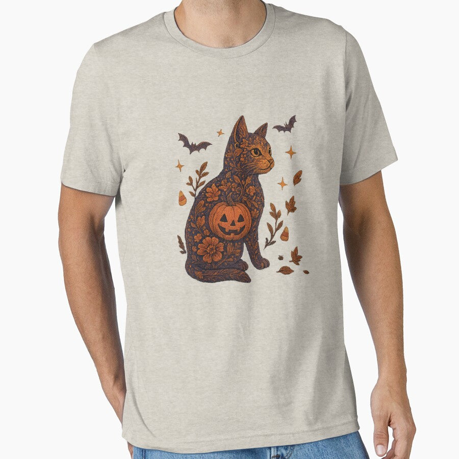 Whimsical Halloween Cat Illustration | Pumpkin Floral Black Cat Art by SingerNZ T-Shirts, Hoodie, Sweatshirt (Image 1)