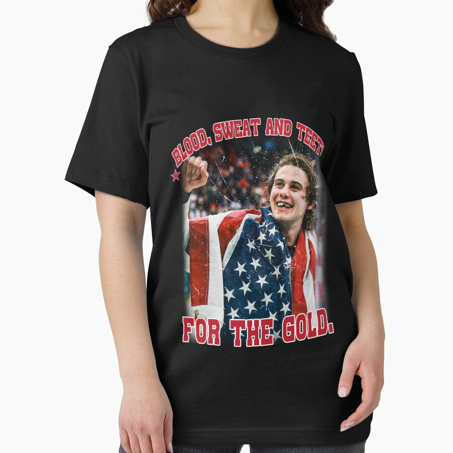 Jack Hughes , Blood Sweat and Teeth for the Gold USA Hockey by ClarenceGarza T-Shirts, Hoodie, Sweatshirt (Image 2)