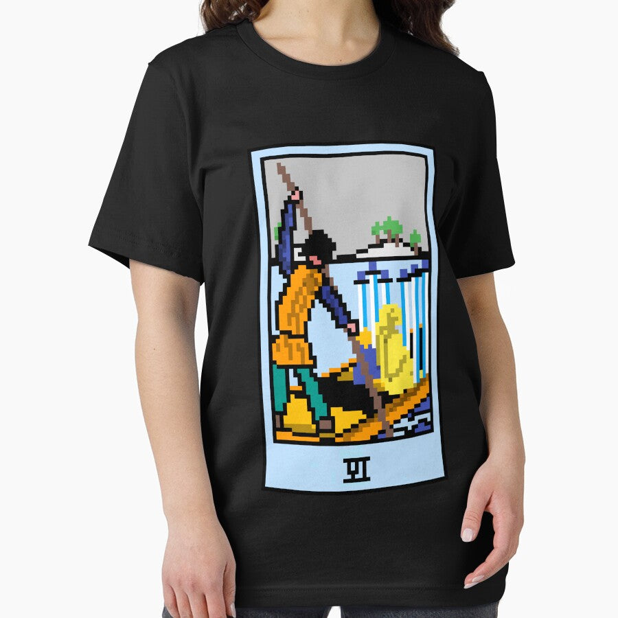 Wait, is this pixel art tarot? Black - Minor Arcana 'Six of Swords' (Design for T-shirt, stickers and other... (Image 2)