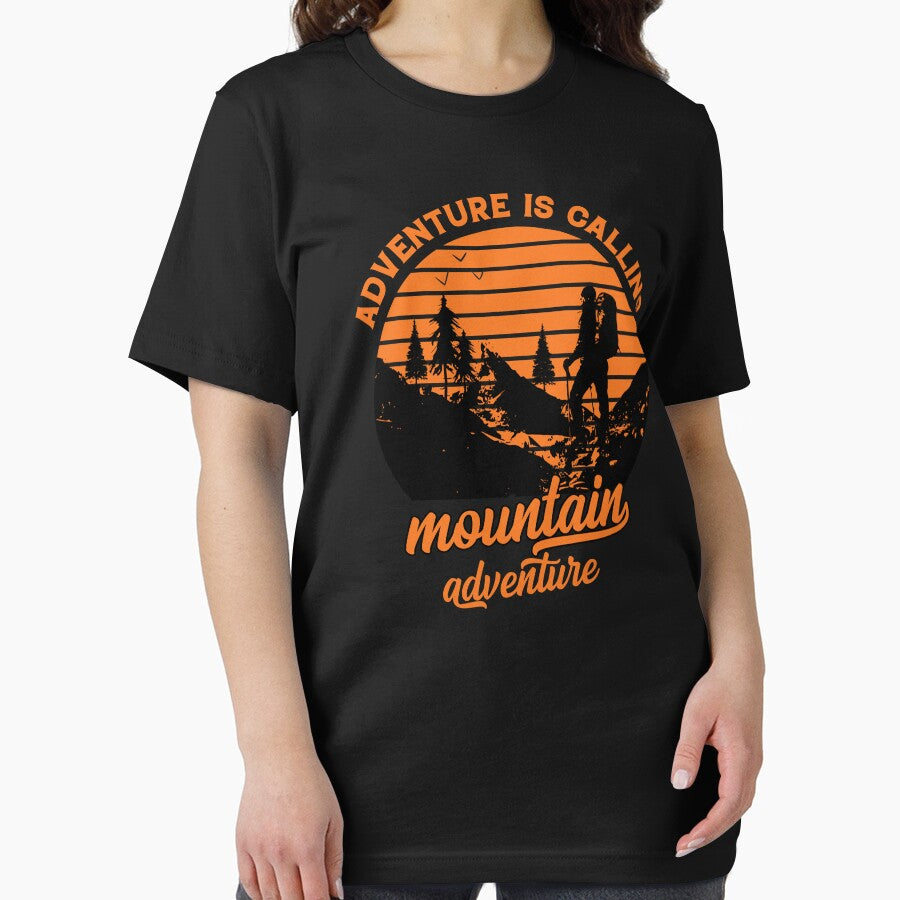 A design with mountains and a hiker and the slogan Adventure is calling by velisani T-Shirts, Hoodie, Sweatshirt (Image 2)