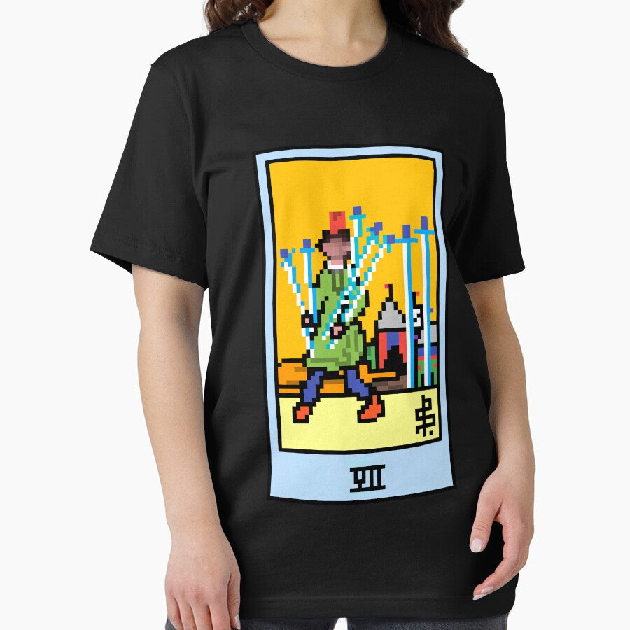 Wait, is this pixel art tarot? Black - Minor Arcana 'Seven of Swords' (Design for T-shirt, stickers and other... (Image 2)
