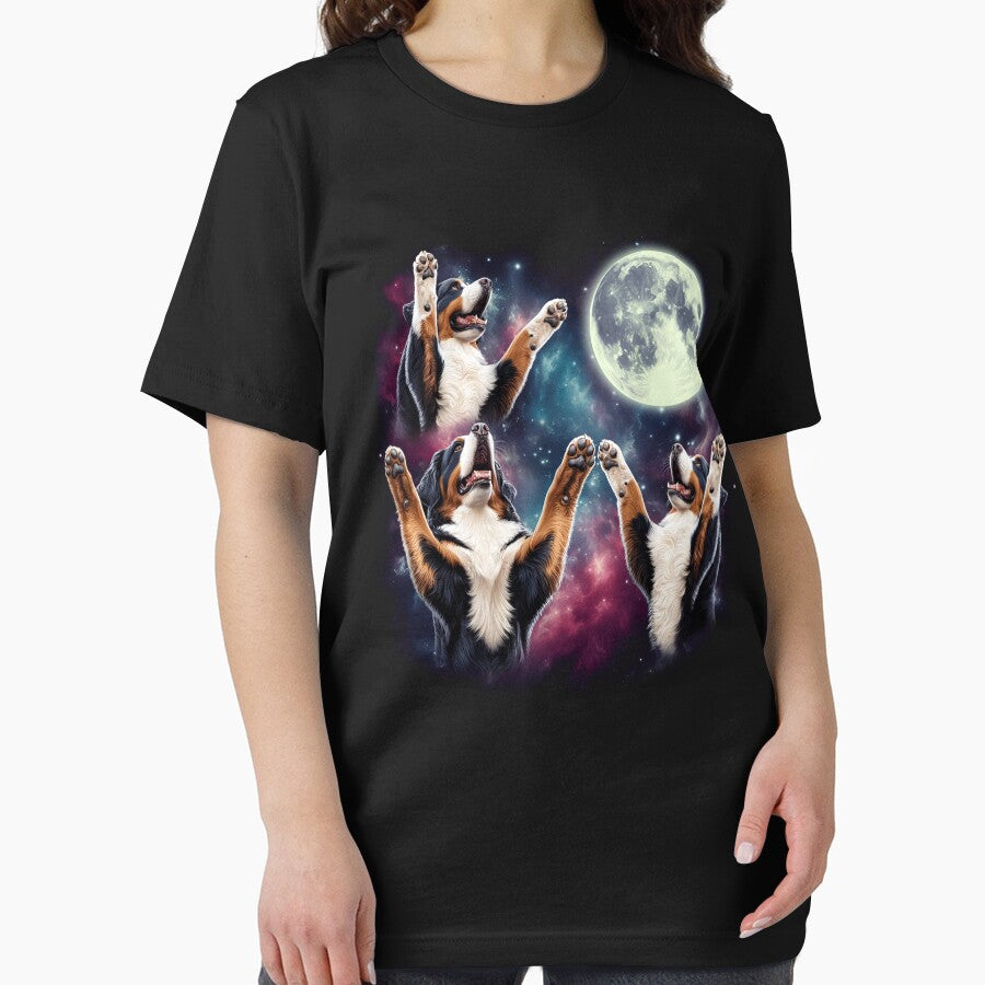 Three Bernese Mountain Dogs Howling at Moon Funny Weird Cursed Meme by Kimberley King Art  King Art T-Shirts,... (Image 2)