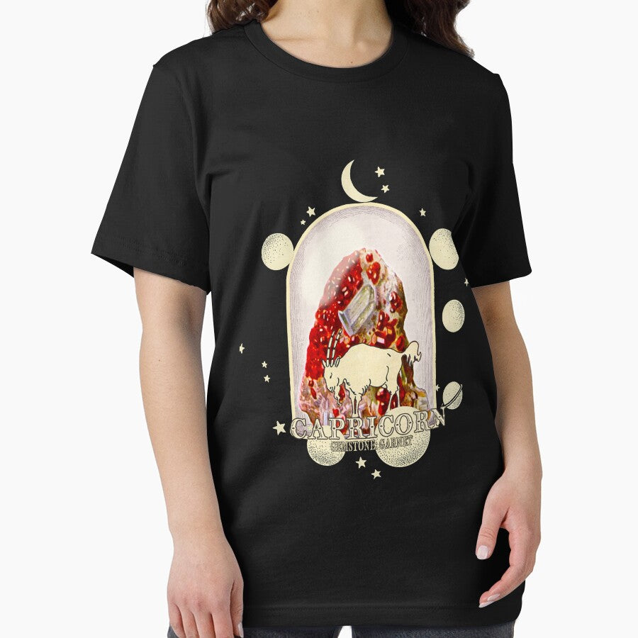 Capricorn Gemstone: Garnet crystal. Astral design. Black version by MINDTHECHERRY T-Shirts, Hoodie, Sweatshirt (Image 2)
