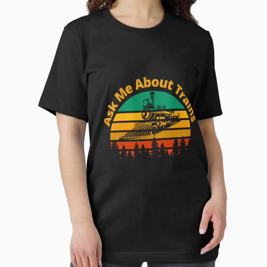 Ask Me About Trains Retro Sunset Steam Engine Railroad, by TheTrainRoom T-Shirts, Hoodie, Sweatshirt (Image 2)