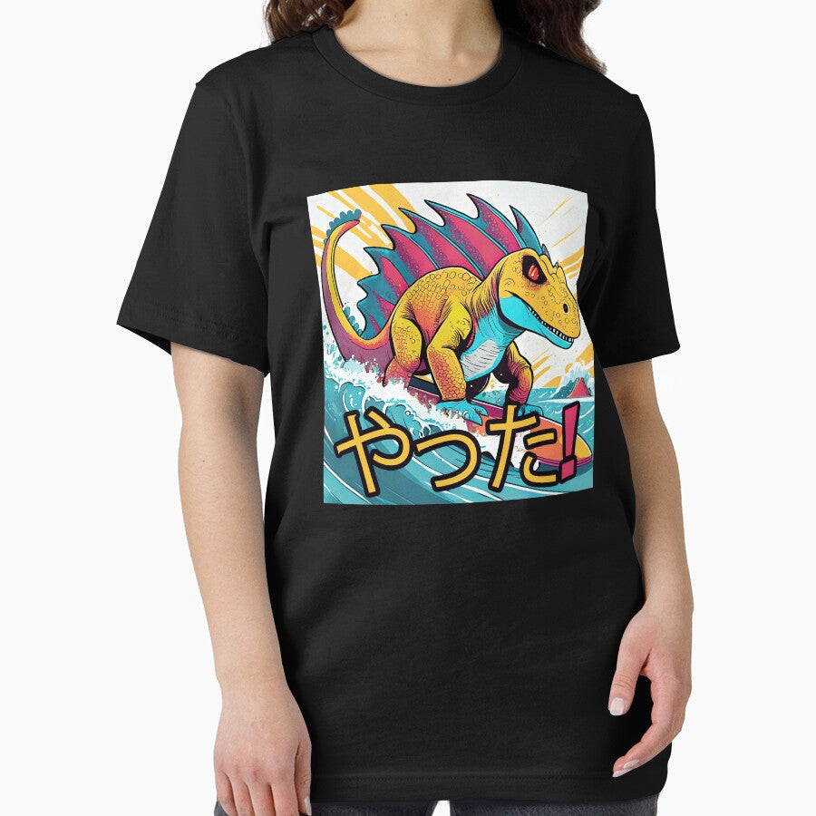 Anime Dinosaur Surfing Funny T-shirt by SOVA-PR
