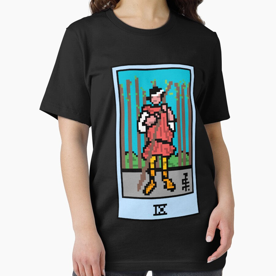 Wait, is this pixel art tarot? Black - Minor Arcana 'Nine of Wands' (Design for T-shirt, stickers and other... (Image 2)