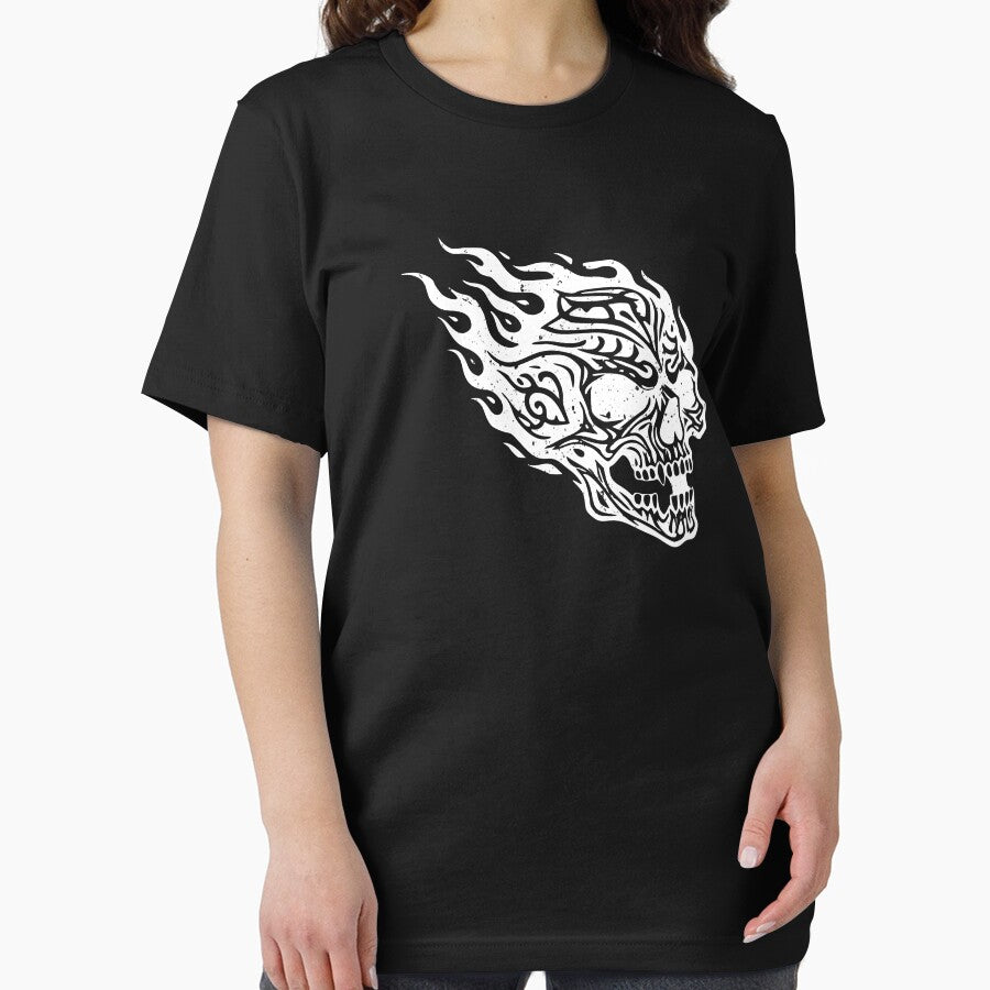 Flaming Skull Tattoo Art Design White 3/4 by Skulls & Calaveras T-Shirts, Hoodie, Sweatshirt | BlankRebels.com (Image 2)
