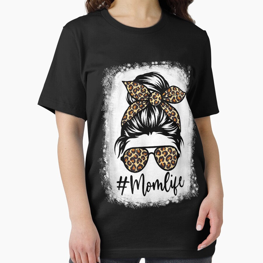 Women Mom Life Bleached Shirt Mom Life Leopard Messy Bun by vastscreen
