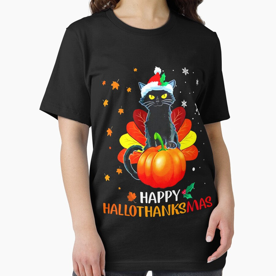 Black Cat Halloween Merry Christmas Happy Hallothanksmas by Alex Cuttell T-Shirts, Hoodie, Sweatshirt (Image 2)