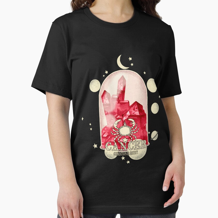 Cancer Gemstone: Ruby crystal. Astral design. Black version by MINDTHECHERRY T-Shirts, Hoodie, Sweatshirt (Image 2)