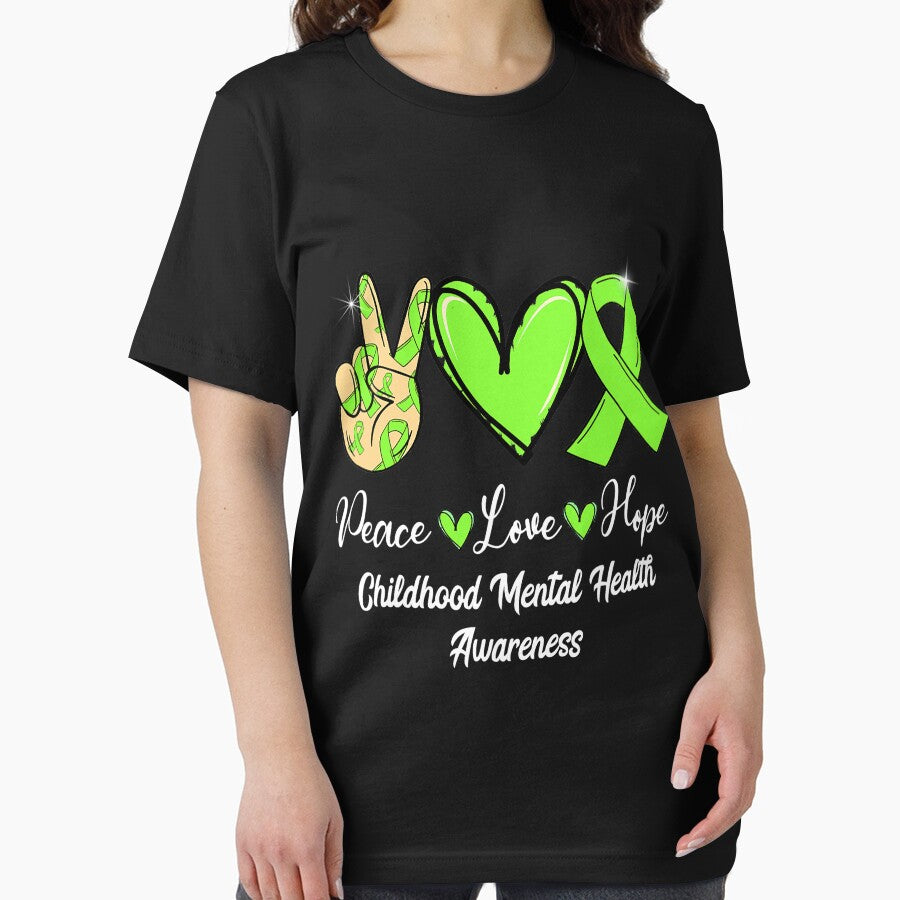 Childhood Mental Health Peace Love Hope Lime Green Ribbon by GovindMahajan T-Shirts, Hoodie, Sweatshirt (Image 2)