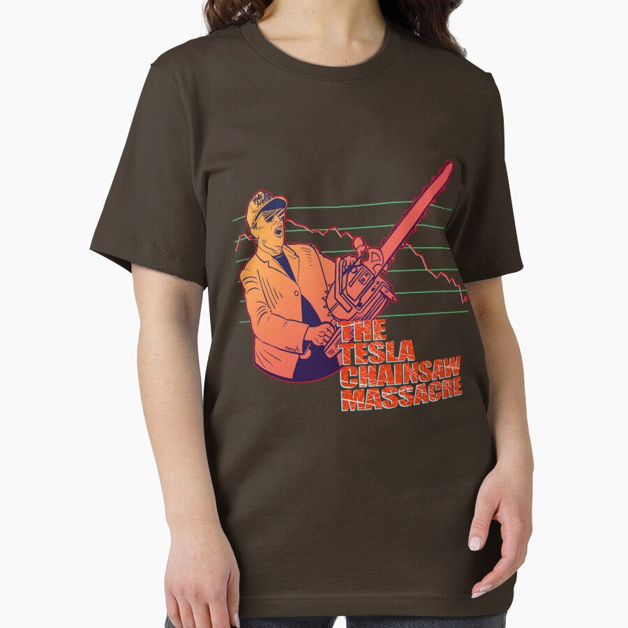 The Tesla Chainsaw Massacre – Satirical Elon Musk Stock Market Parody by blampop T-Shirts, Hoodie, Sweatshirt (Image 2)