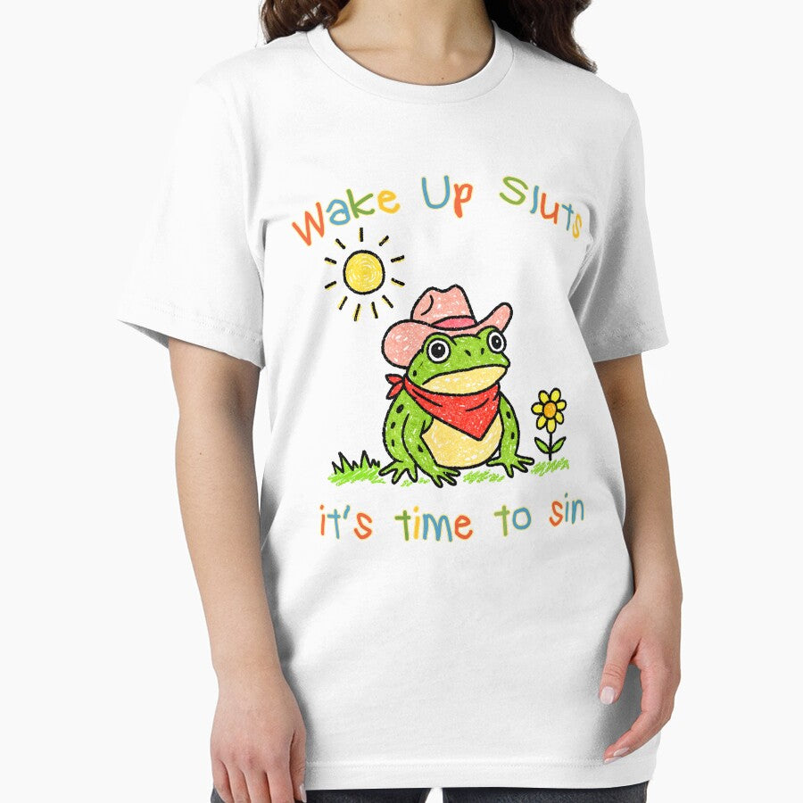 Wake up it's time to sin, funny cowboy frog meme by CARBONARA LLC. T-Shirts, Hoodie, Sweatshirt | BlankRebels.com (Image 2)