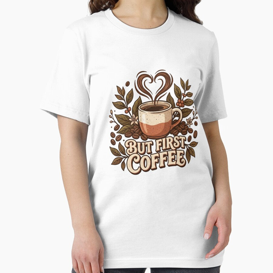 But First Coffee — Vintage Botanical Coffee Cup Heart Steam Floral Graphic Tee by HobsS