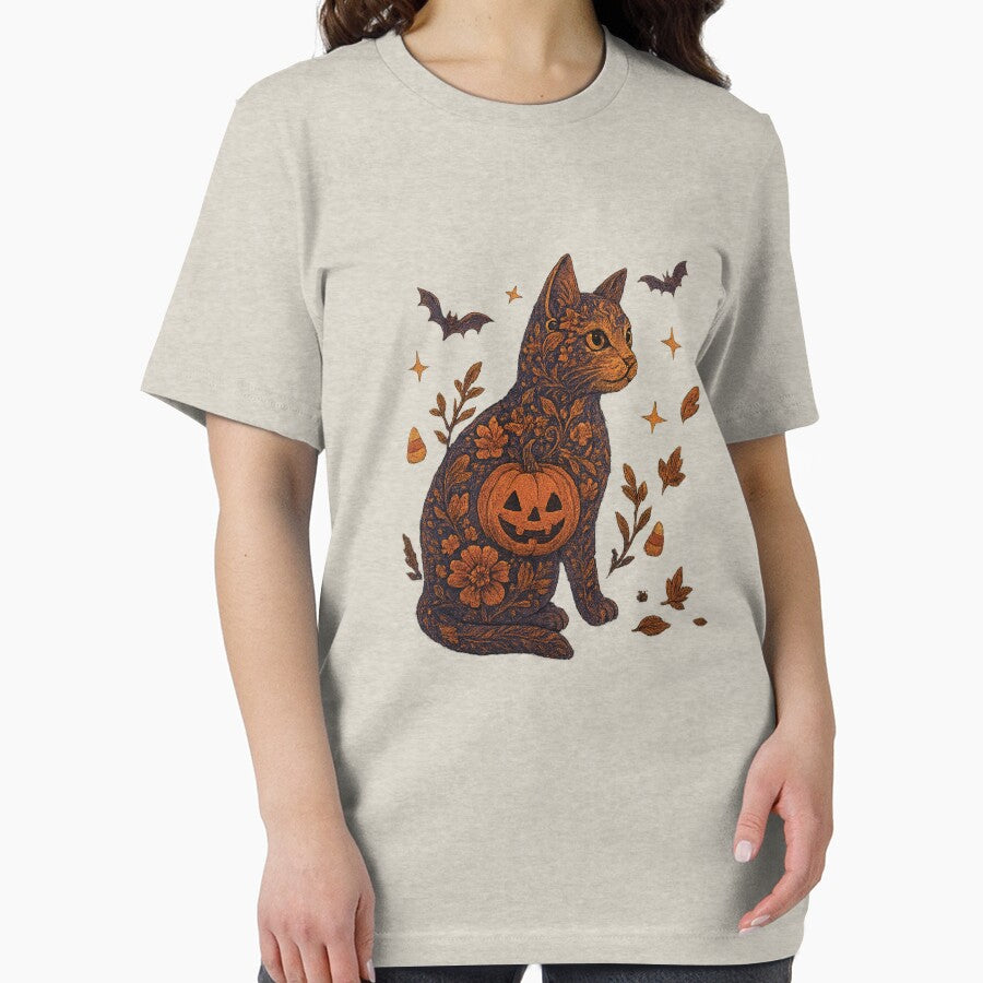 Whimsical Halloween Cat Illustration | Pumpkin Floral Black Cat Art by SingerNZ T-Shirts, Hoodie, Sweatshirt (Image 2)