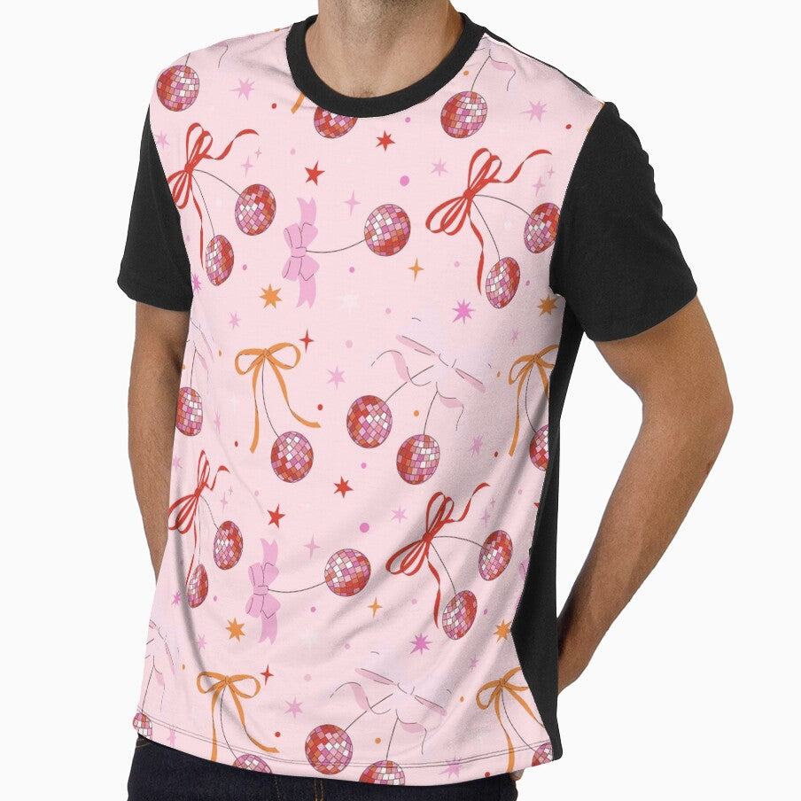 Pink Disco Cherries with Bows Repeating Pattern, Y2K aesthetic, disco aesthetic by CEB1700