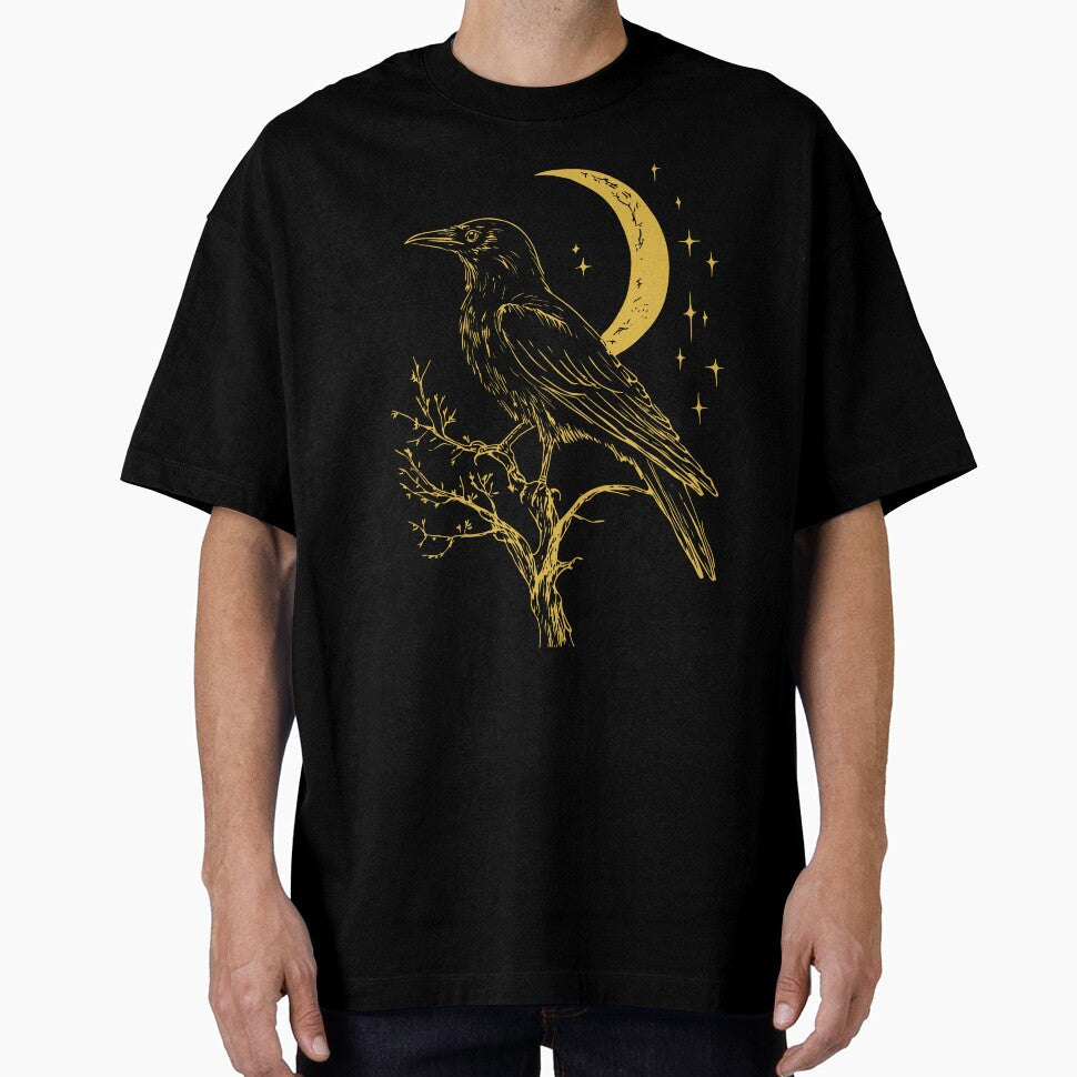 Mystic Raven Moon Art - Gothic Gold Bird Celestial Wall Decor by TuncGK T-Shirts, Hoodie, Sweatshirt (Image 1)