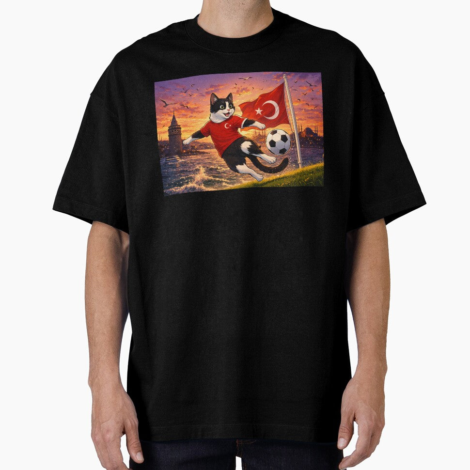Turkish Cat Playing Football – Istanbul Skyline Sunset Cartoon Illustration, World Cup 2026 by Pacika
