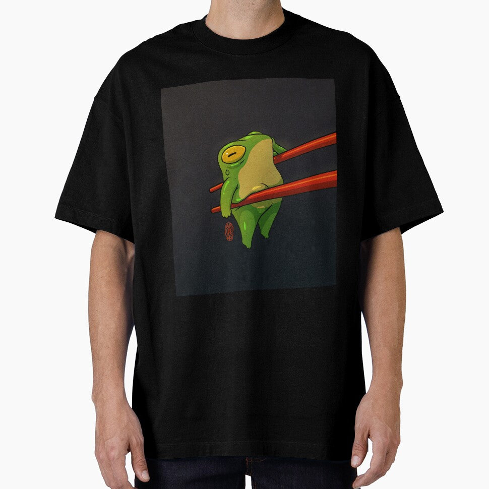 cute pudgy frog held by chopsticks asian artwork by DingHuArt