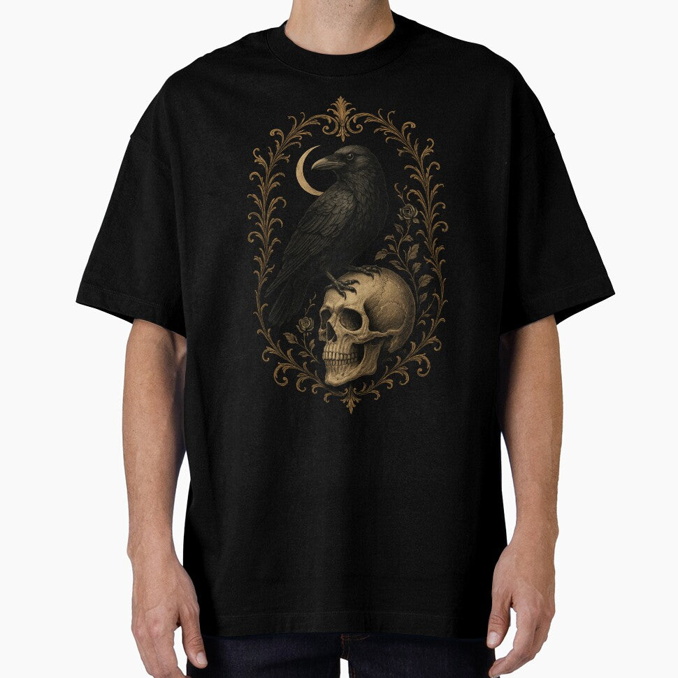 Raven on Skull with Crescent Moon – Gothic Memento Mori by Mouraludia T-Shirts, Hoodie, Sweatshirt (Image 1)