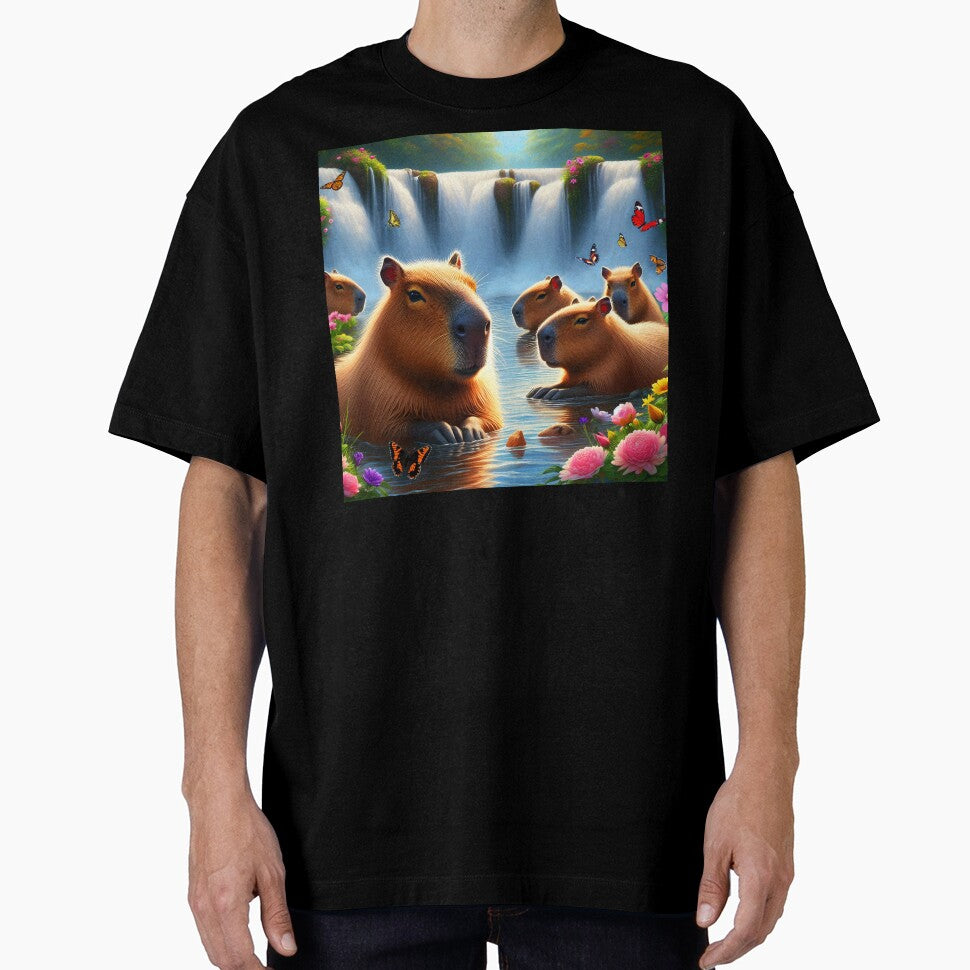 Group of capybaras chillin in water at a waterfall lake bath with butterflies around aesthetic digitalart by... (Image 1)