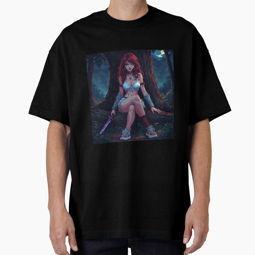 Retro Sexy Looking Girl In Forest Holding A Knive ( Dagger ) Red Hair by jimcaza T-Shirts, Hoodie, Sweatshirt (Image 1)