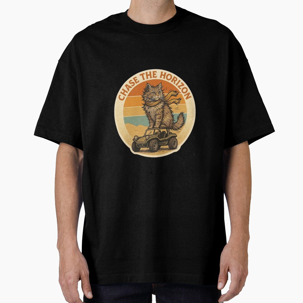 Chase the Horizon – Adventure Cat Vintage Sunset Aesthetic | Retro Cat Lover Gift Design by Typologystudios... (Image 1)