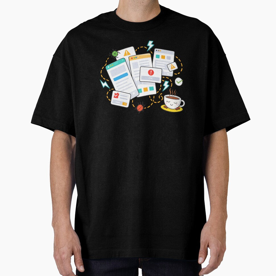 Mobile App Chaos Scene – Funny Developer Illustration for Coffee Lovers by Vasil Dimitrov T-Shirts, Hoodie,... (Image 1)