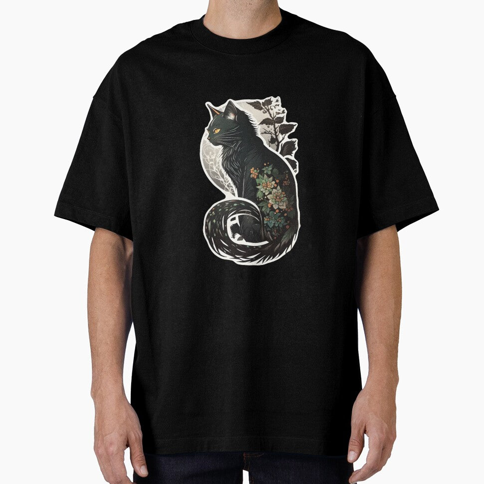 Black Japanese cat with floral tattoos, japanese aesthetic by LorandQuest T-Shirts, Hoodie, Sweatshirt (Image 1)