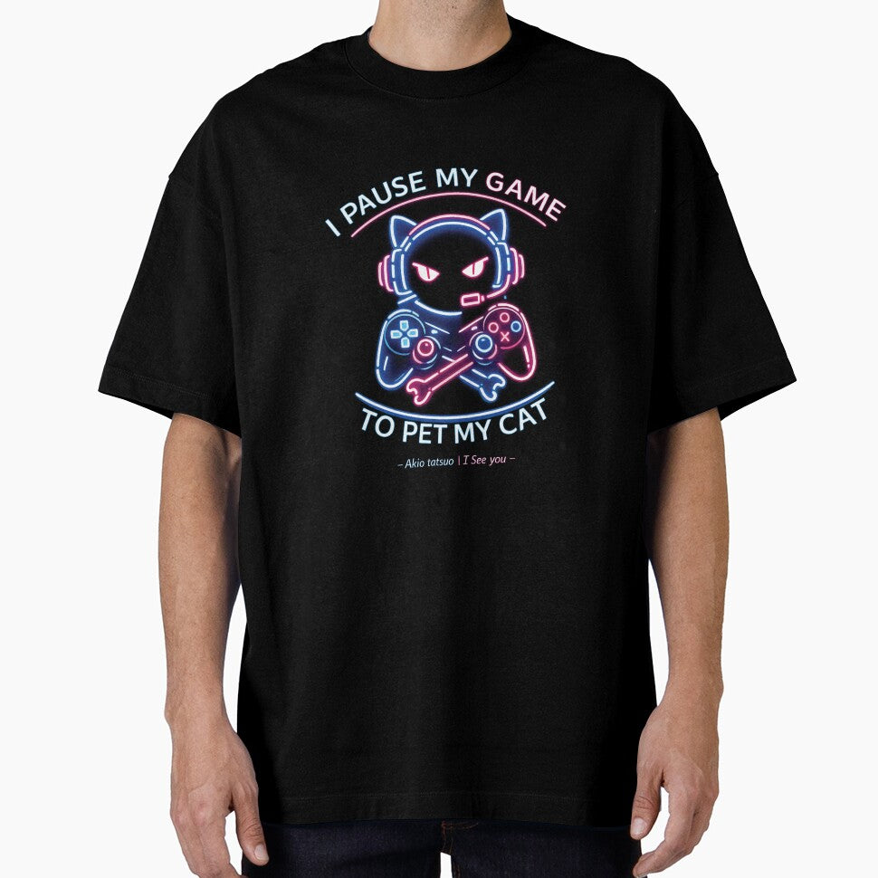 Neon Cyberpunk Gamer Cat I Pause My Game To Pet My Cat by akiotatsuo T-Shirts, Hoodie, Sweatshirt | BlankRebels.com (Image 1)