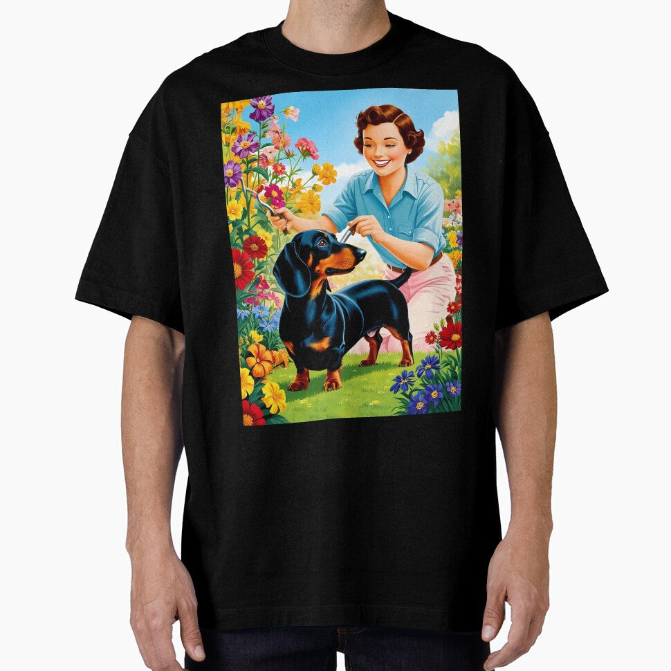 Vintage Flower Gardening Girl and Dachshund Dog by Amaz69Designs T-Shirts, Hoodie, Sweatshirt | BlankRebels.com (Image 1)
