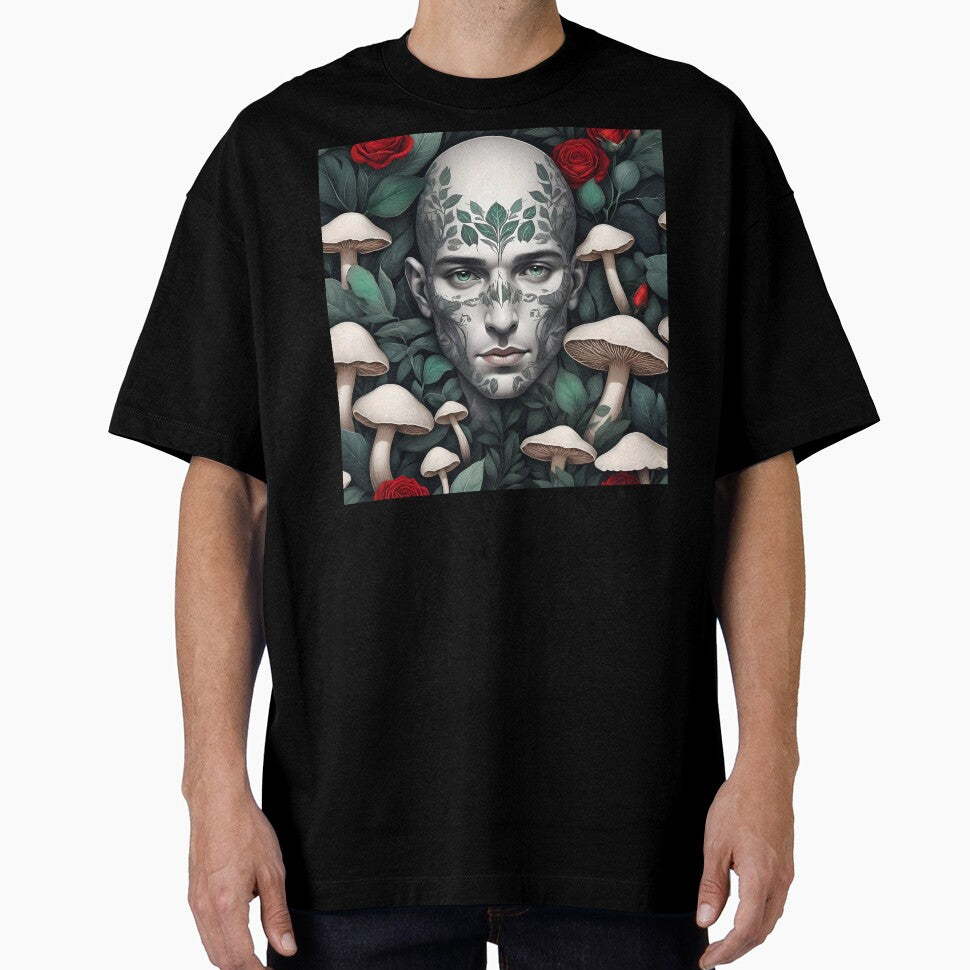 White bold man face Botanical art with funghi and red roses by EmeraldeaArt T-Shirts, Hoodie, Sweatshirt (Image 1)
