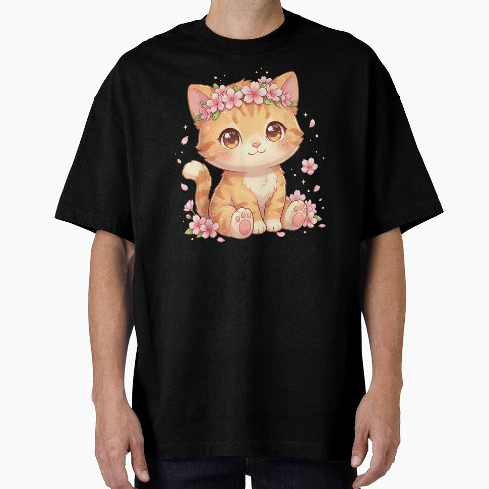 Kawaii Ginger Cat With Cherry Blossom Flower Crown Cute Kitten Art by Aladino Tamayo